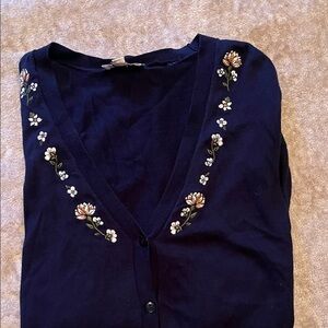 LOFT Navy Cardigan with Floral Embroidery- like new!